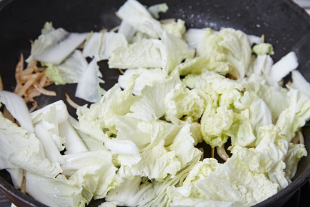Add cabbage for chinese fried noodles with bacon