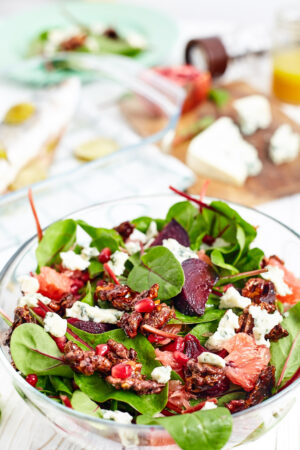Beetroot and Spinach Salad with Caramelized Nuts and Citrus Vinaigrette Dressing easy to make step-by-step recipe