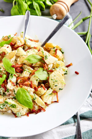 Jamie Oliver's Potato Salad with a Bacon easy to make step-by-step recipe