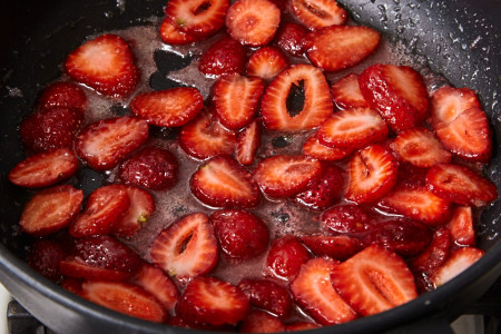 Add sliced strawberry for pancakes with a strawberry sauce + dry mixture recipe