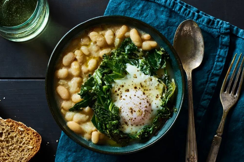 #38 Buttermilk with white beans, eggs and greens.