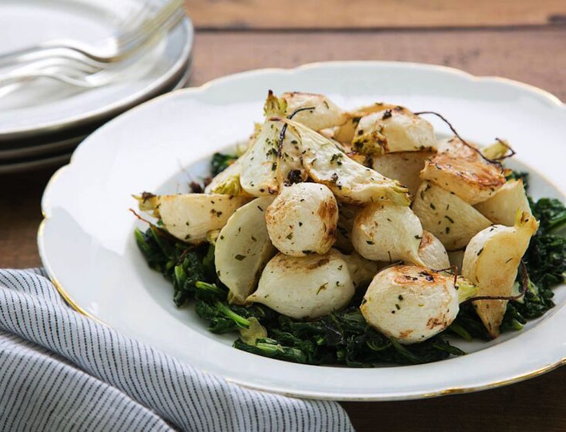 #44 Roasted turnips with greens in oil