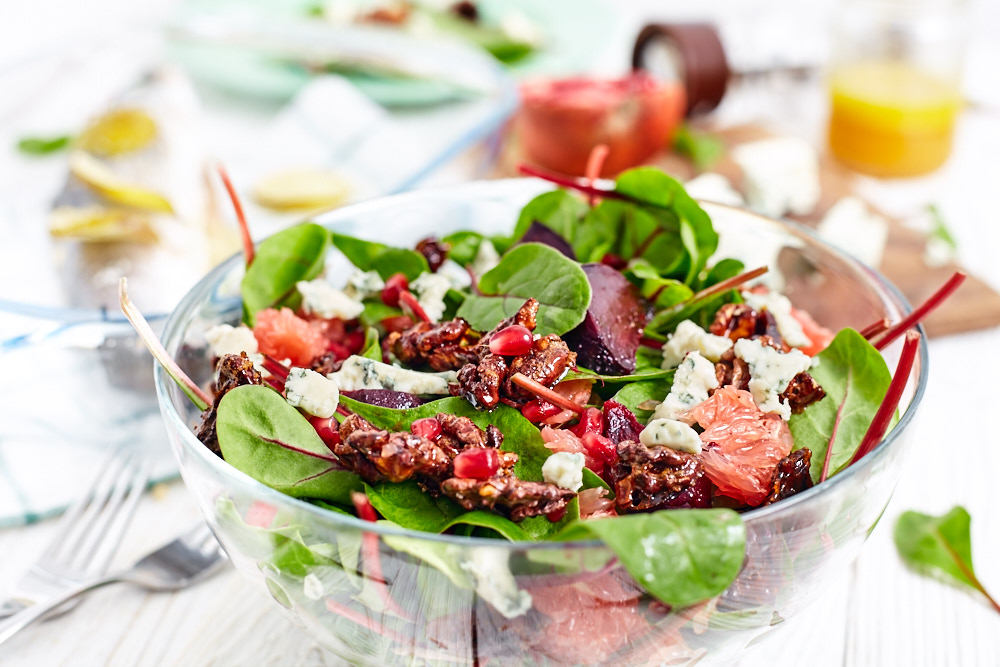 #1 Spinach and beetroot salad with caramelized nuts and citrus vinaigrette dressing