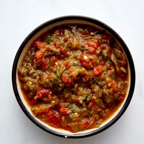 Greek Eggplant Meze with Red Bell Pepper. Recipe with Step by step directions from BayevsKitchen