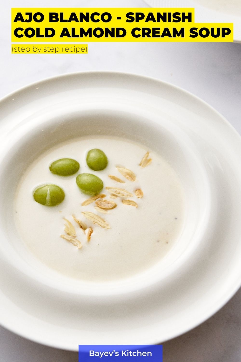 Ajo Blanco is a Spanish cold creamy white soup made from raw almonds. It is similar to gazpacho and contains its four main ingredients: water, olive oil, garlic and bread. Sometimes this soup is called "White Gazpacho".
The main ingredient in Ajo Blanco is almonds. It has to be: fragrant, fresh and not stale.
