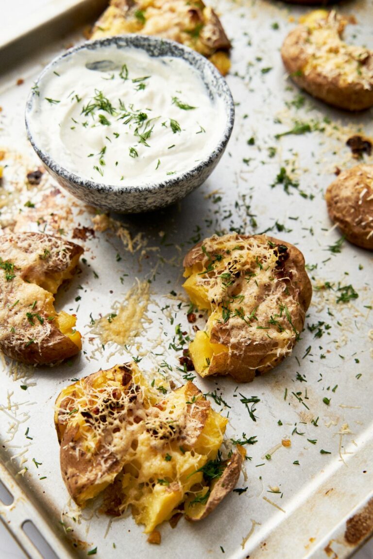 Smashed Oven Baked Potatoes with Feta dip. Step by step recipe