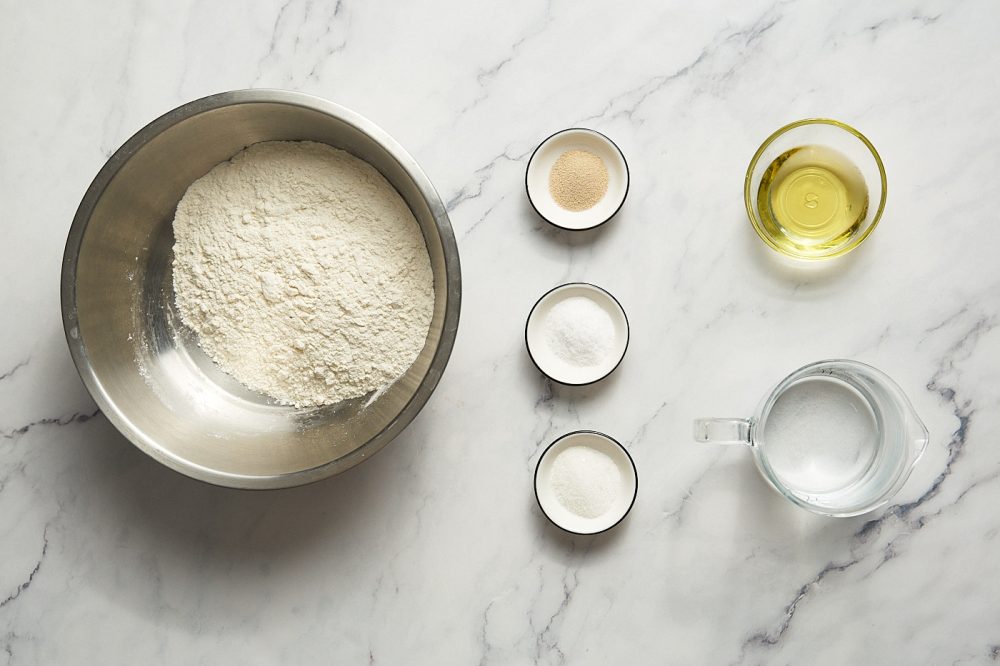 Ingredients for making soft lavash: wheat flour, water, salt, dry yeast, sugar, olive oil