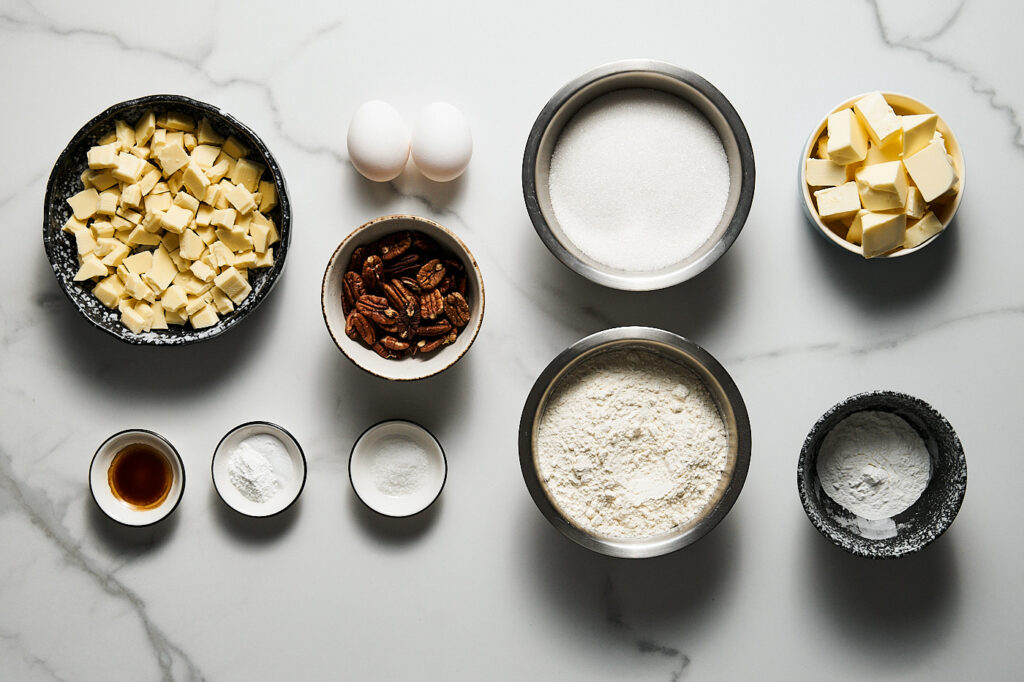 Ingredients needed to make blondies: butter, white chocolate, pecans, white sugar, vanilla essence, eggs, flour, cornflour, baking soda, baking powder, salt