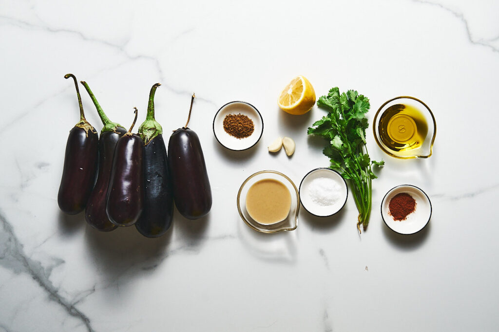 Ingredients for Baba Ganoush: eggplant, garlic, tahini, lemon juice, olive oil, ground zira, coriander, pomegranate seeds, paprika 