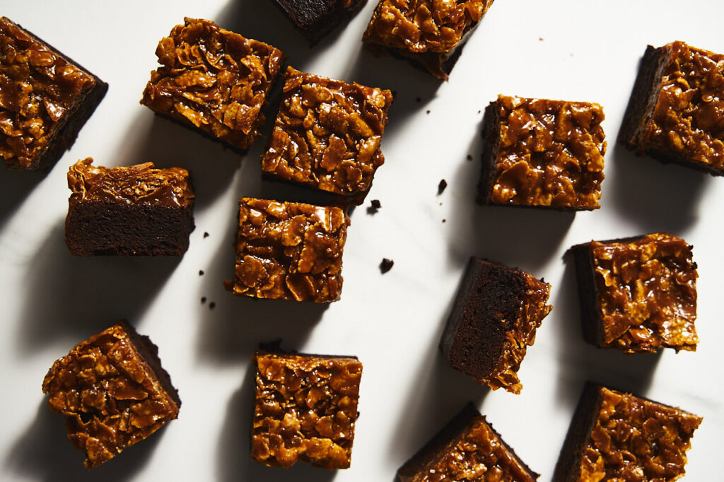Chunks of chilled Brownies with crunchy cornflakes in salted caramel
