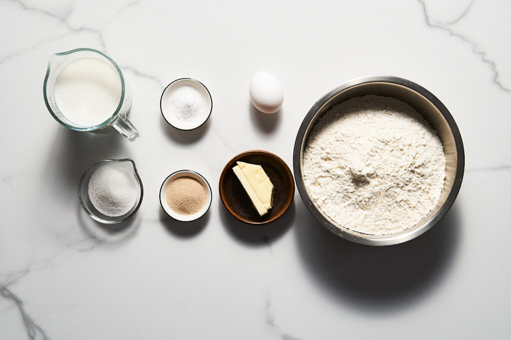 Ingredients needed to make Korean Milk Bread - Ultra Soft and Fluffy Cakes: flour, sugar, salt, butter, milk, water, yeast, egg