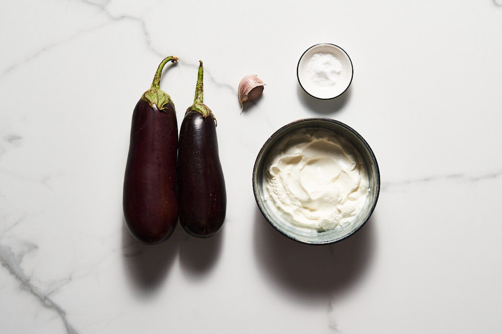 Ingredients needed to prepare eggplant and yogurt soup: eggplant, yogurt, garlic, salt