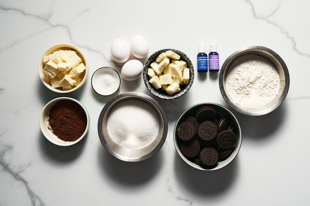 Ingredients needed to make Blue Velvet Brownie with White Chocolate: eggs, chocolate, sugar, flour, butter, cocoa, salt, royal blue and violet gel colorants