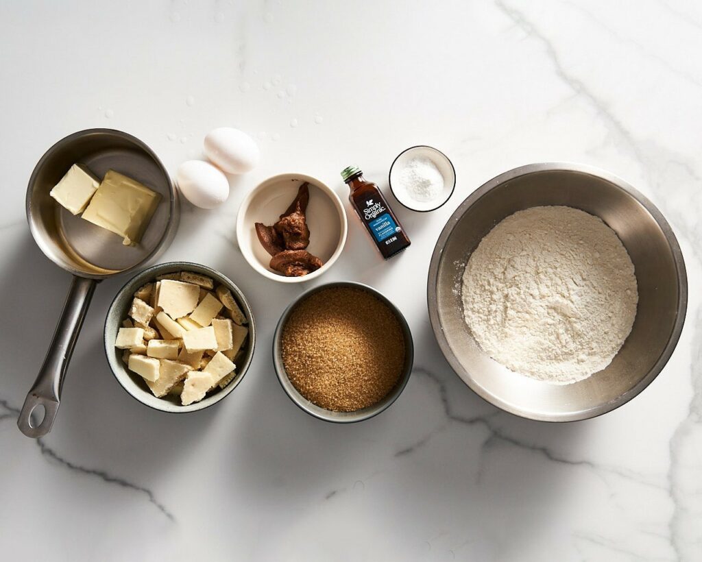 Ingredients needed to make Blondie with miso: butter, white chocolate, brown sugar, miso paste, eggs, vanilla, baking powder, flour