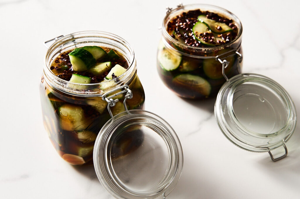 Unbeaten cucumbers or Cucumbers pickled with soy sauce, garlic and Chinese style chili in a pickling jar