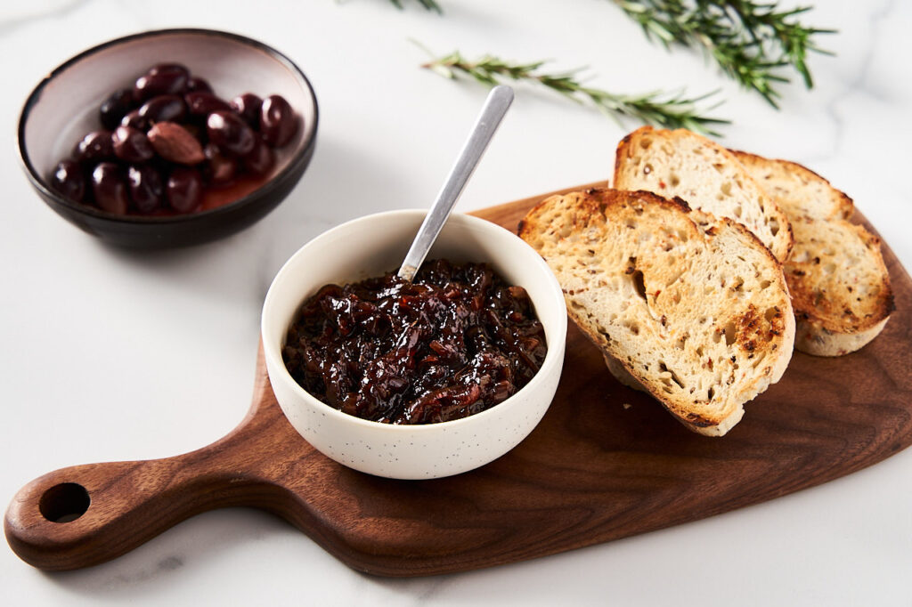 Finished Onion Confit with Port Wine and Rosemary with toasted breads 
